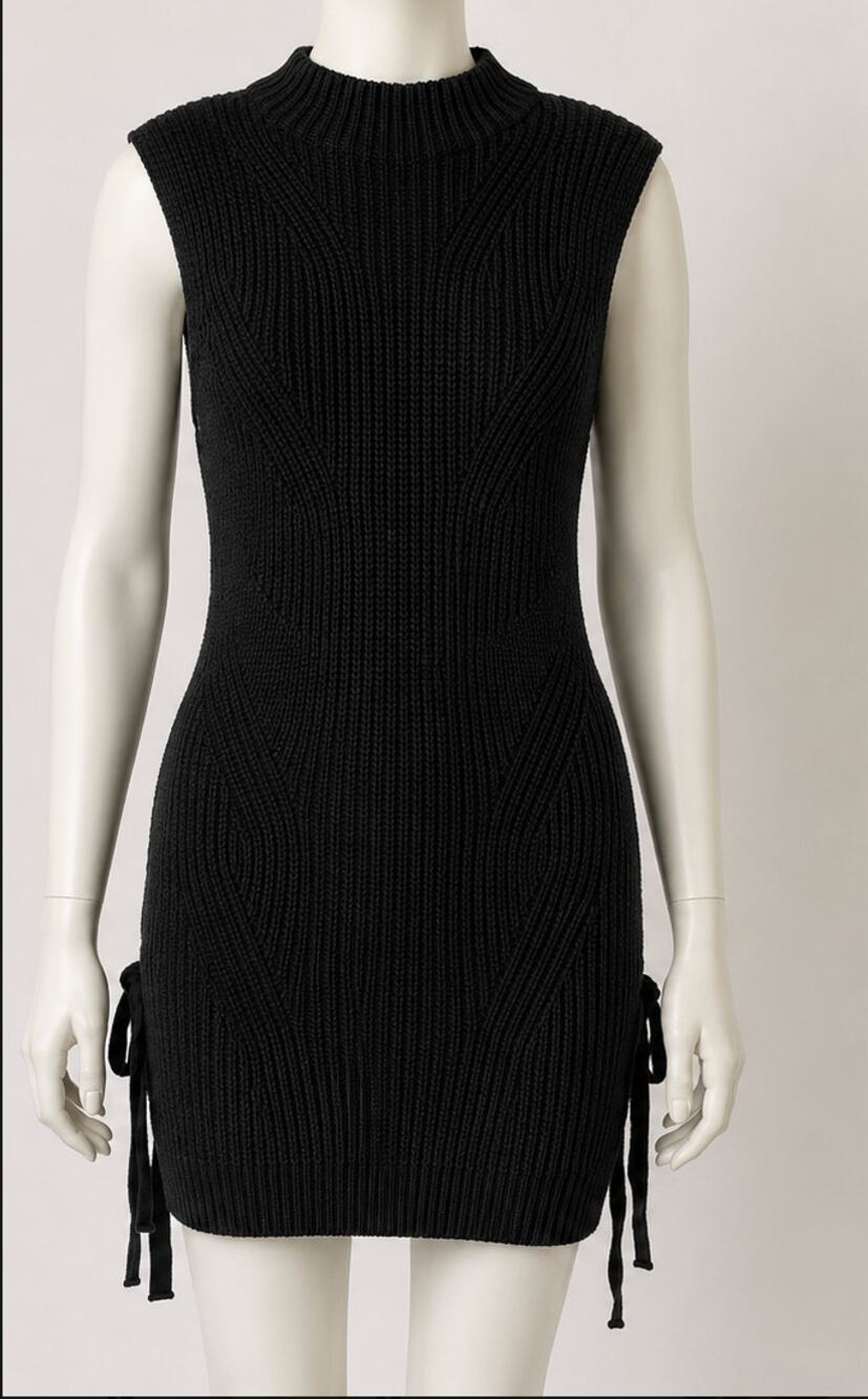 Monteau Black Sleeveless Ribbed Sweater Mini Dress Side Grommet Tie-Lace Up S